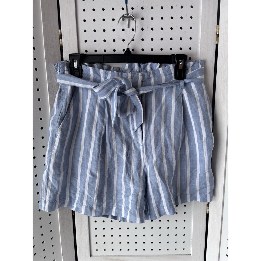 LOFT Women's S Belted Linen Viscose Shorts Blue White Stripe Casual Preppy Beach